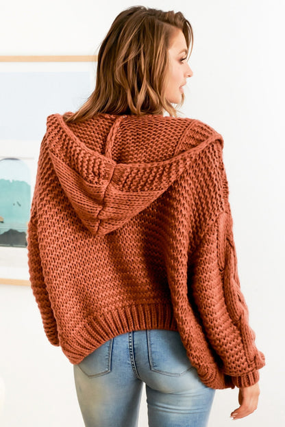 Maple Knit - Chunky Cable Knit Hooded Crop Cardigan in Rust