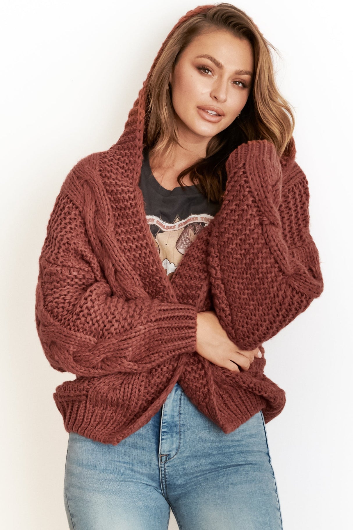 Maple Knit - Chunky Cable Knit Hooded Crop Cardigan in Rust