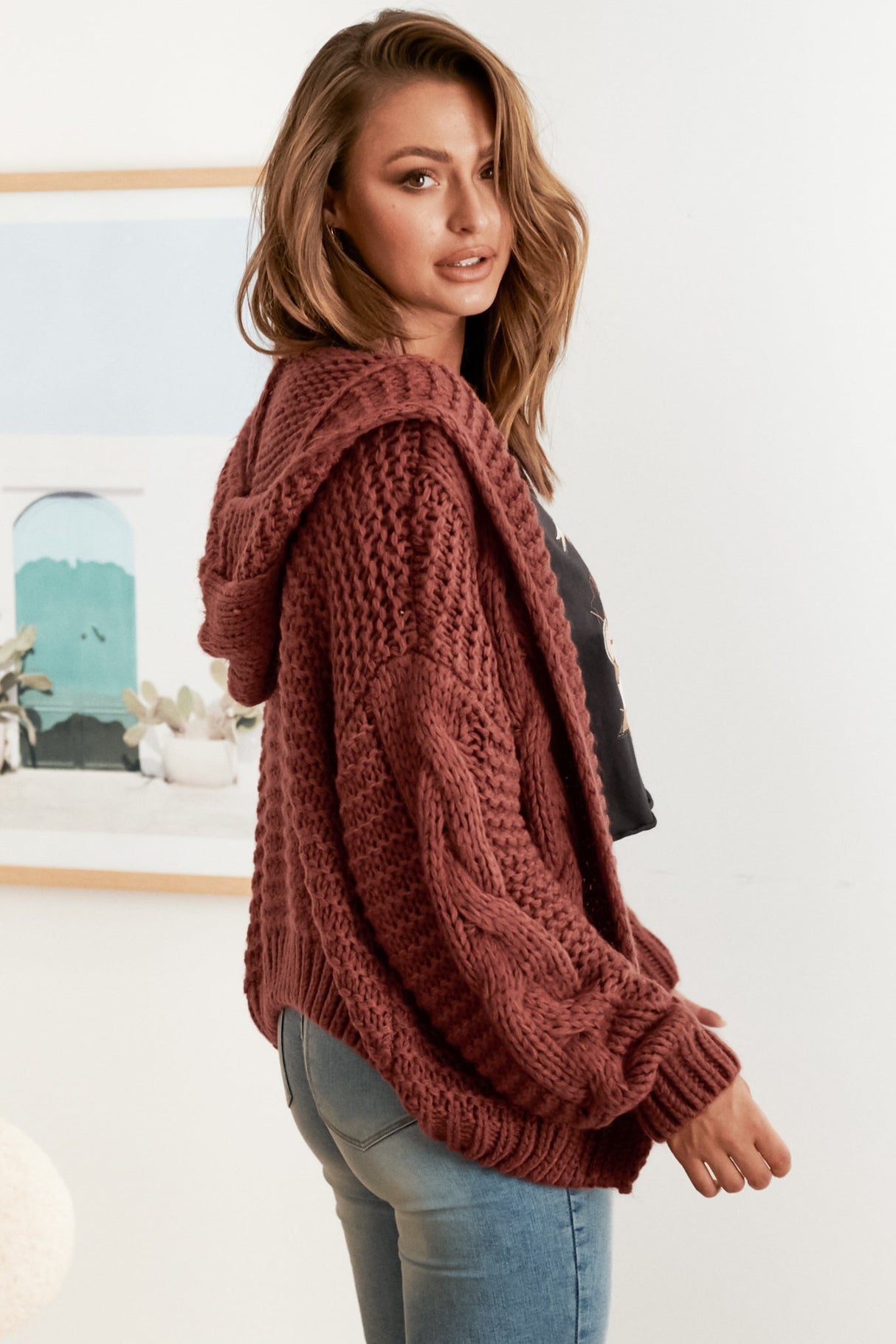 Maple Knit - Chunky Cable Knit Hooded Crop Cardigan in Rust
