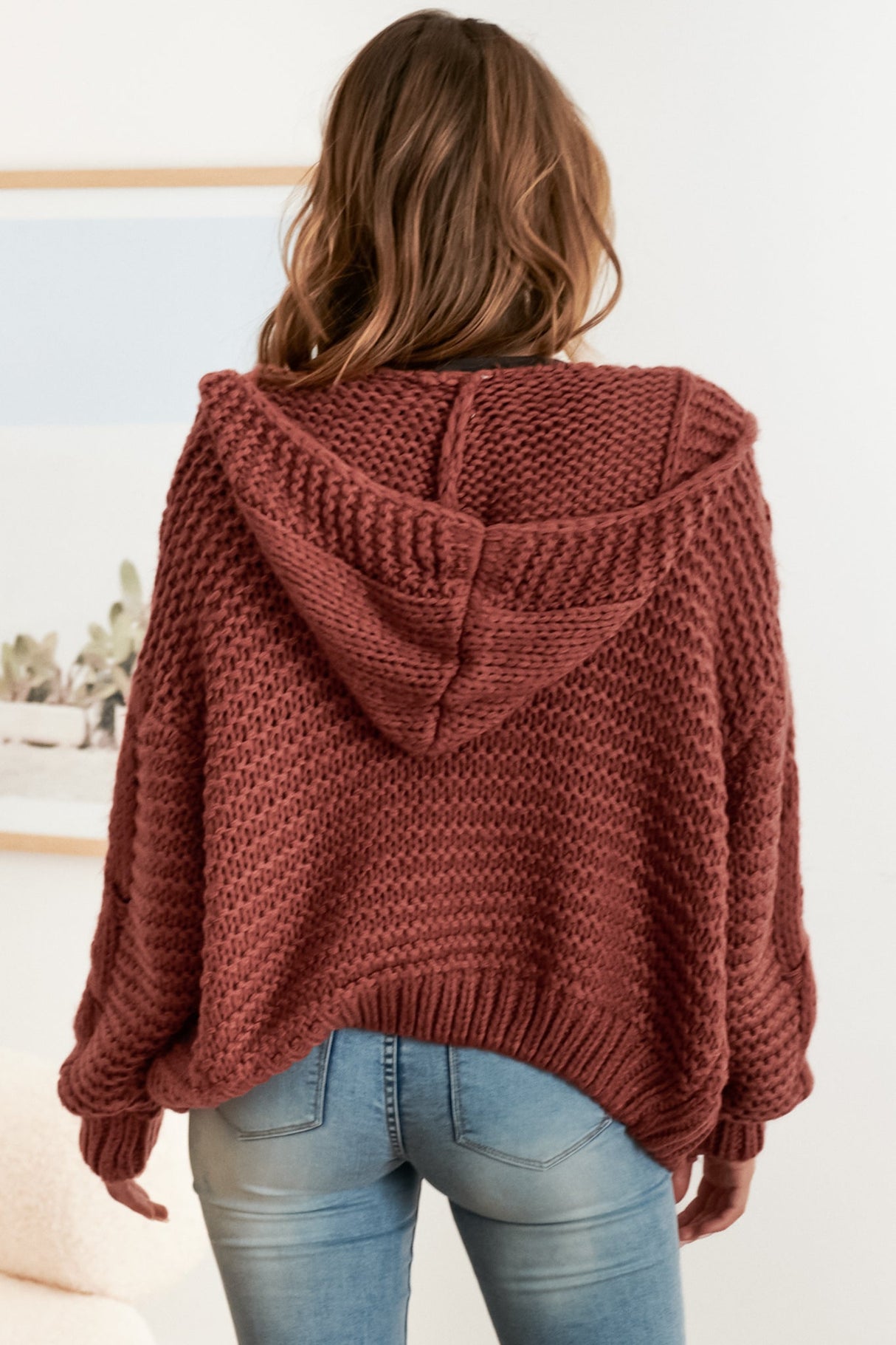 Maple Knit - Chunky Cable Knit Hooded Crop Cardigan in Rust