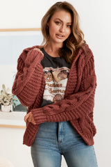 Maple Knit - Chunky Cable Knit Hooded Crop Cardigan in Rust