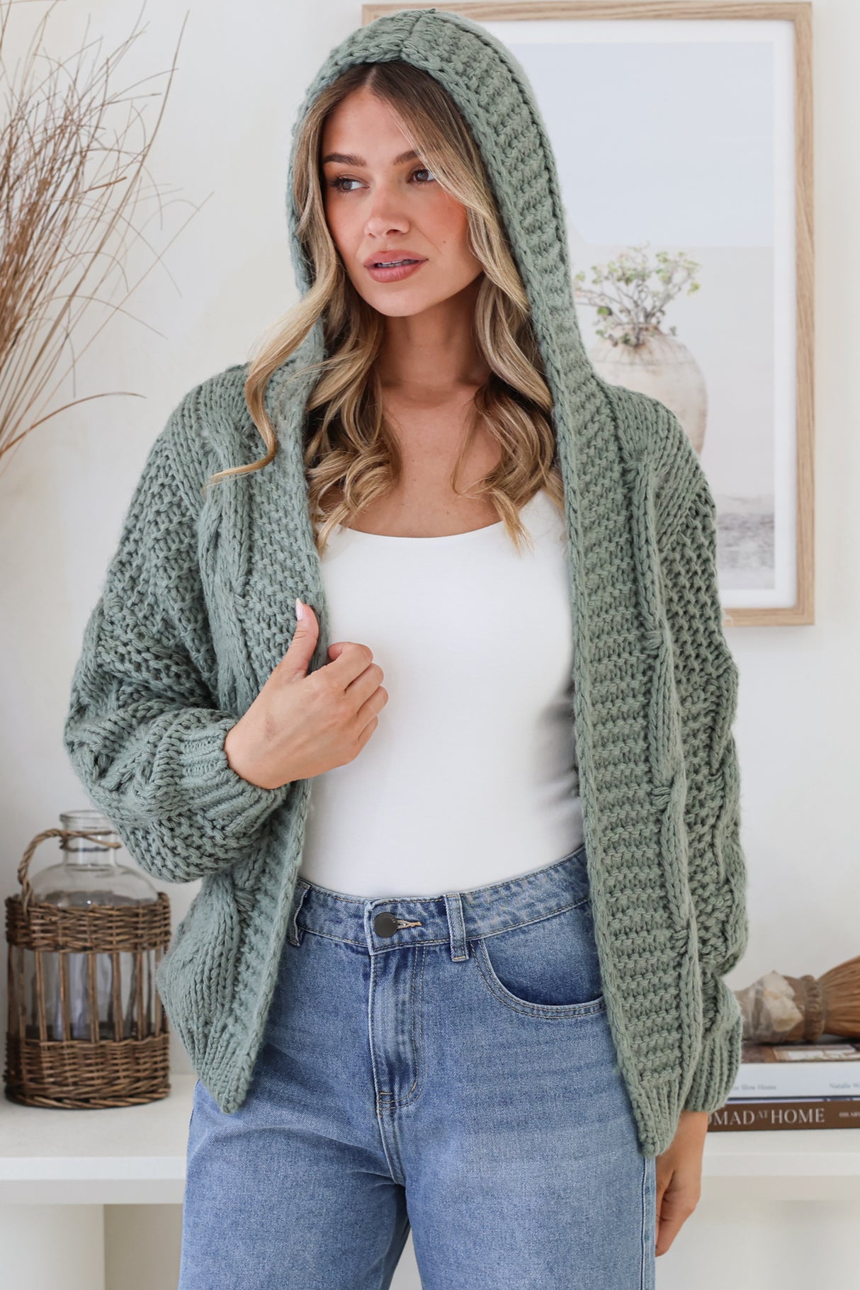 Maple Knit - Chunky Cable Knit Hooded Crop Cardigan in Sage