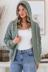 Maple Knit - Chunky Cable Knit Hooded Crop Cardigan in Sage