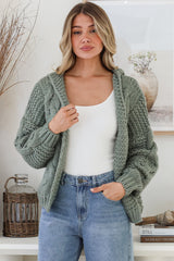 Maple Knit - Chunky Cable Knit Hooded Crop Cardigan in Sage