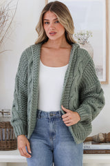 Maple Knit - Chunky Cable Knit Hooded Crop Cardigan in Sage