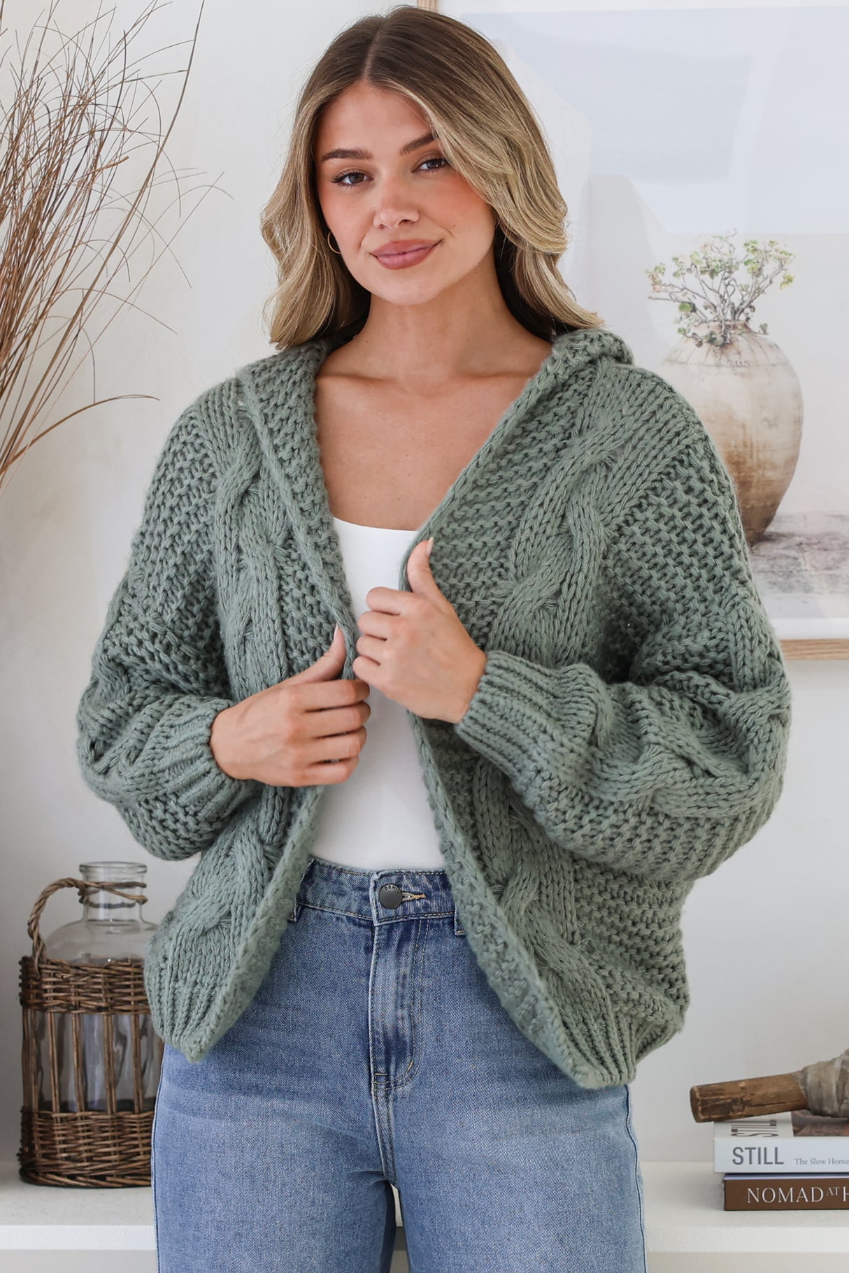 Model wearing Maple Knit in Sage from Salty Crush