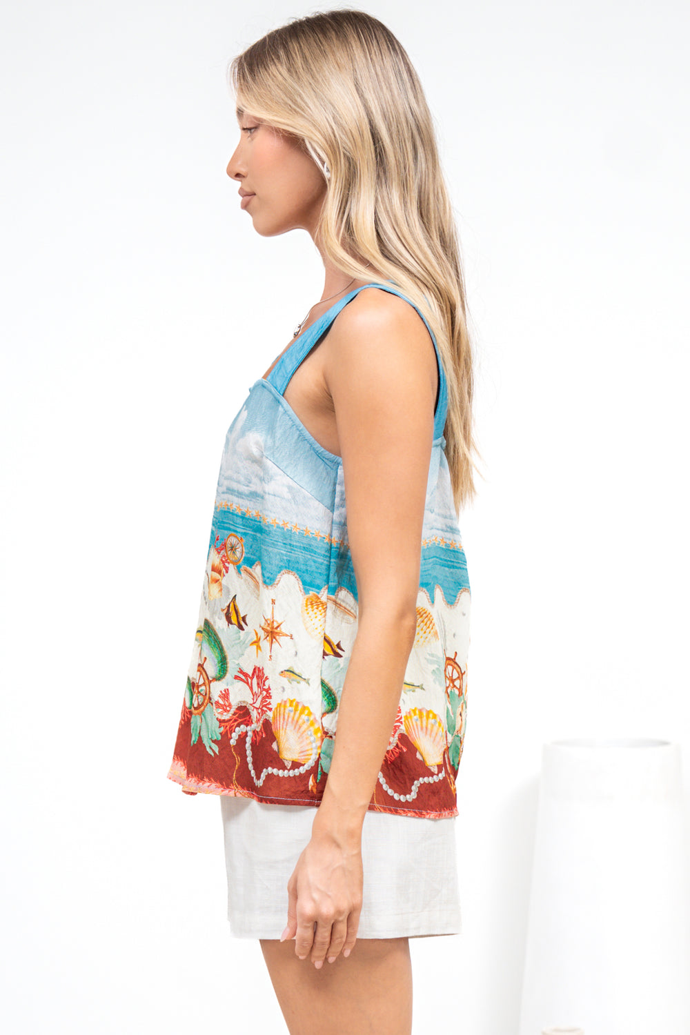 Mara Top - Thick Strap Square Neck Graphic Tank Top in Corsair Print