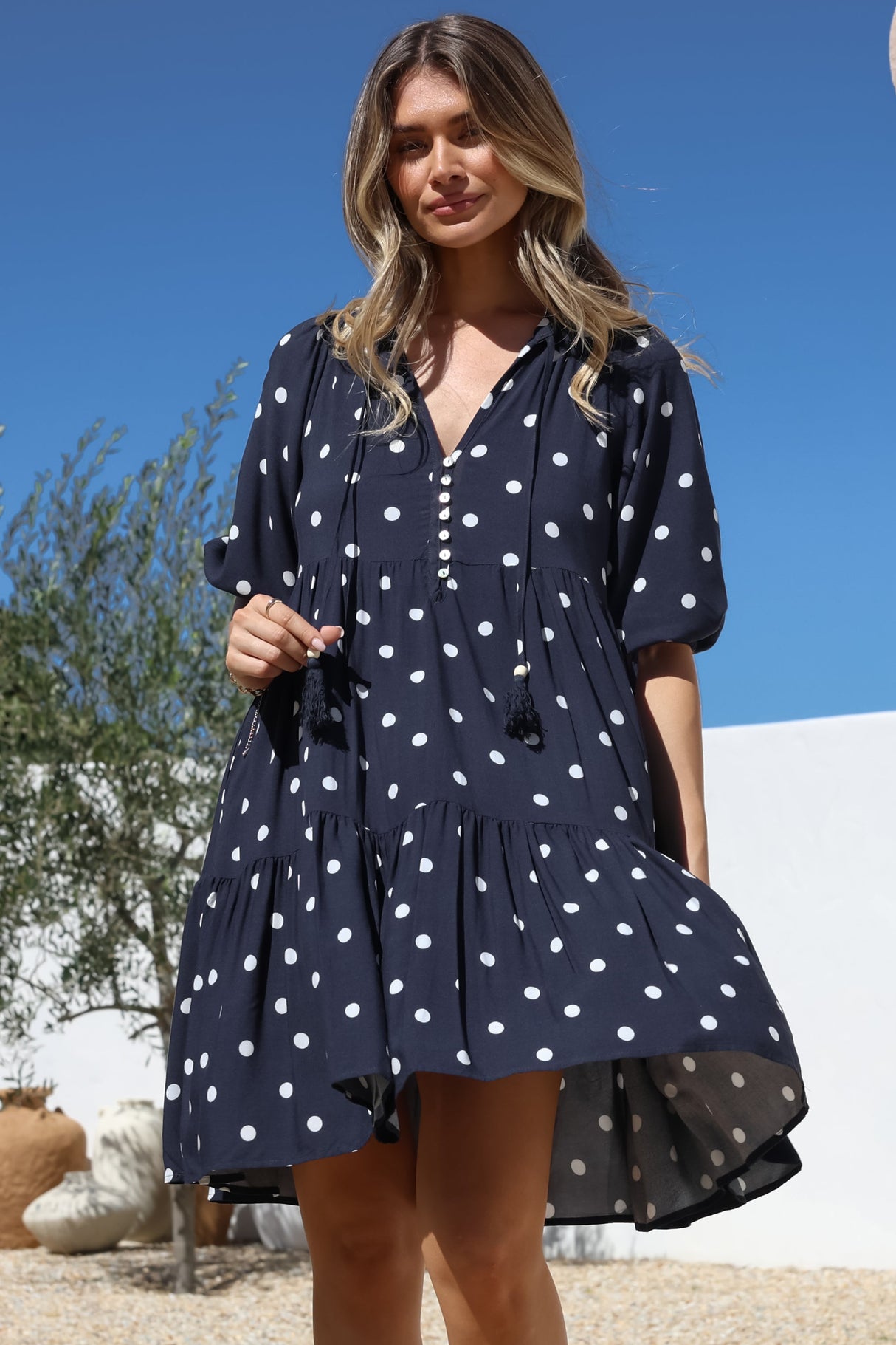 Marah Mini Dress - Mandarin Collar Short Sleeve with Tie Smock Dress in Parisian Polka Navy