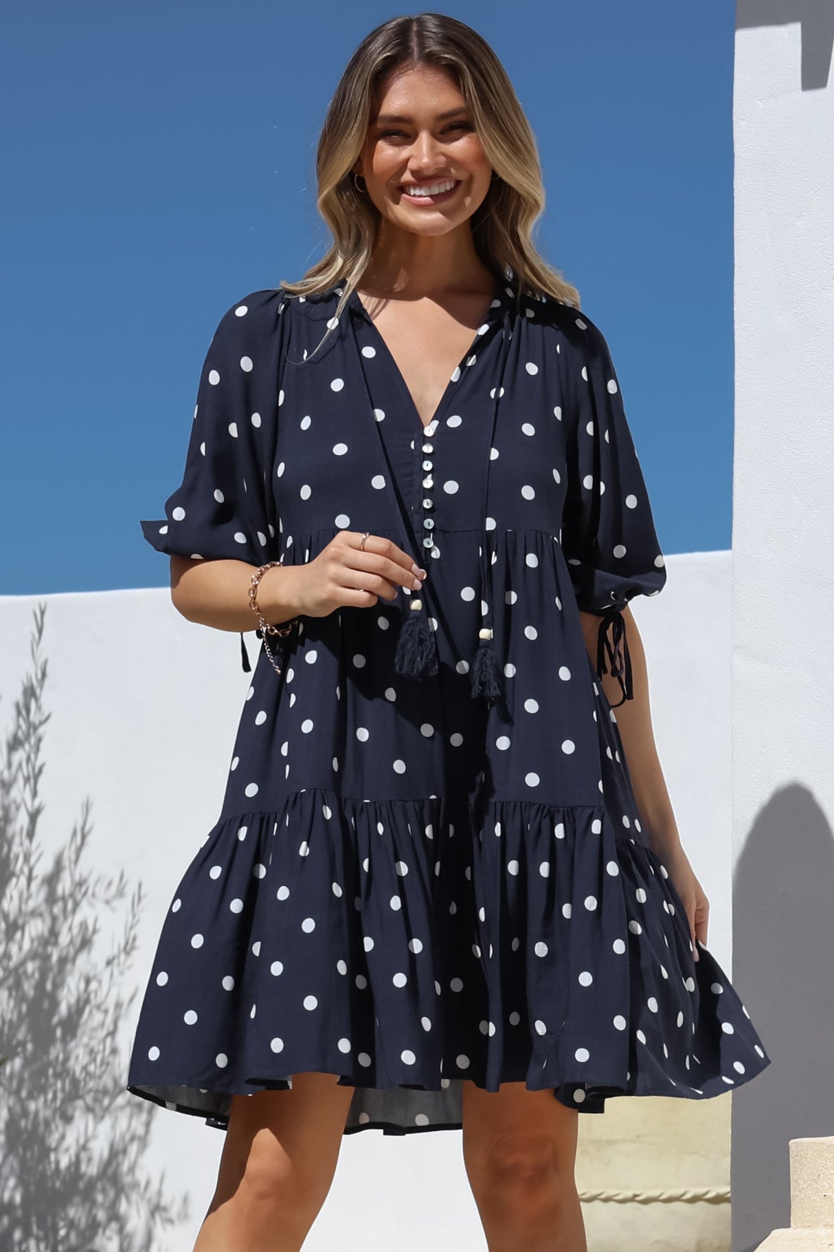Marah Mini Dress - Mandarin Collar Short Sleeve with Tie Smock Dress in Parisian Polka Navy