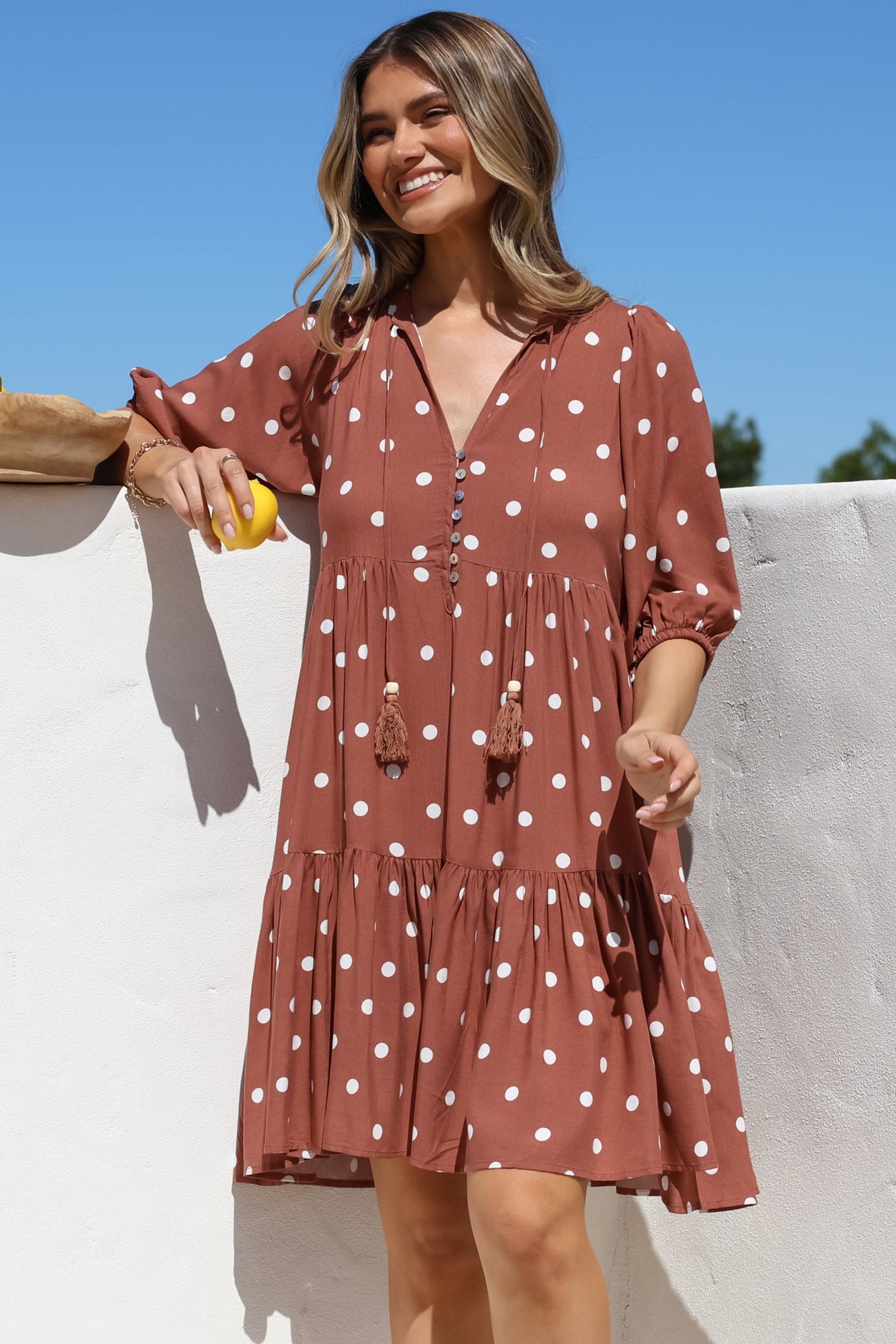 Marah Mini Dress - Mandarin Collar Short Sleeve with Tie Smock Dress in Parisian Polka Rust