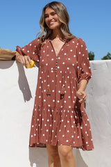 Marah Mini Dress - Mandarin Collar Short Sleeve with Tie Smock Dress in Parisian Polka Rust