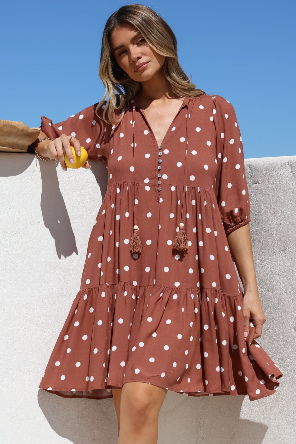 Marah Mini Dress - Mandarin Collar Short Sleeve with Tie Smock Dress in Parisian Polka Rust