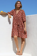 Marah Mini Dress - Mandarin Collar Short Sleeve with Tie Smock Dress in Parisian Polka Rust