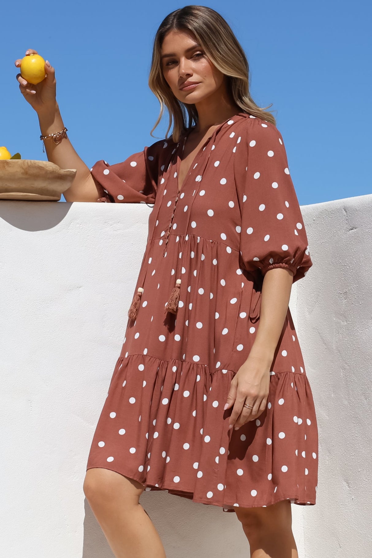 Marah Mini Dress - Mandarin Collar Short Sleeve with Tie Smock Dress in Parisian Polka Rust
