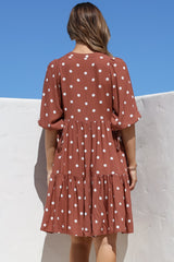 Marah Mini Dress - Mandarin Collar Short Sleeve with Tie Smock Dress in Parisian Polka Rust
