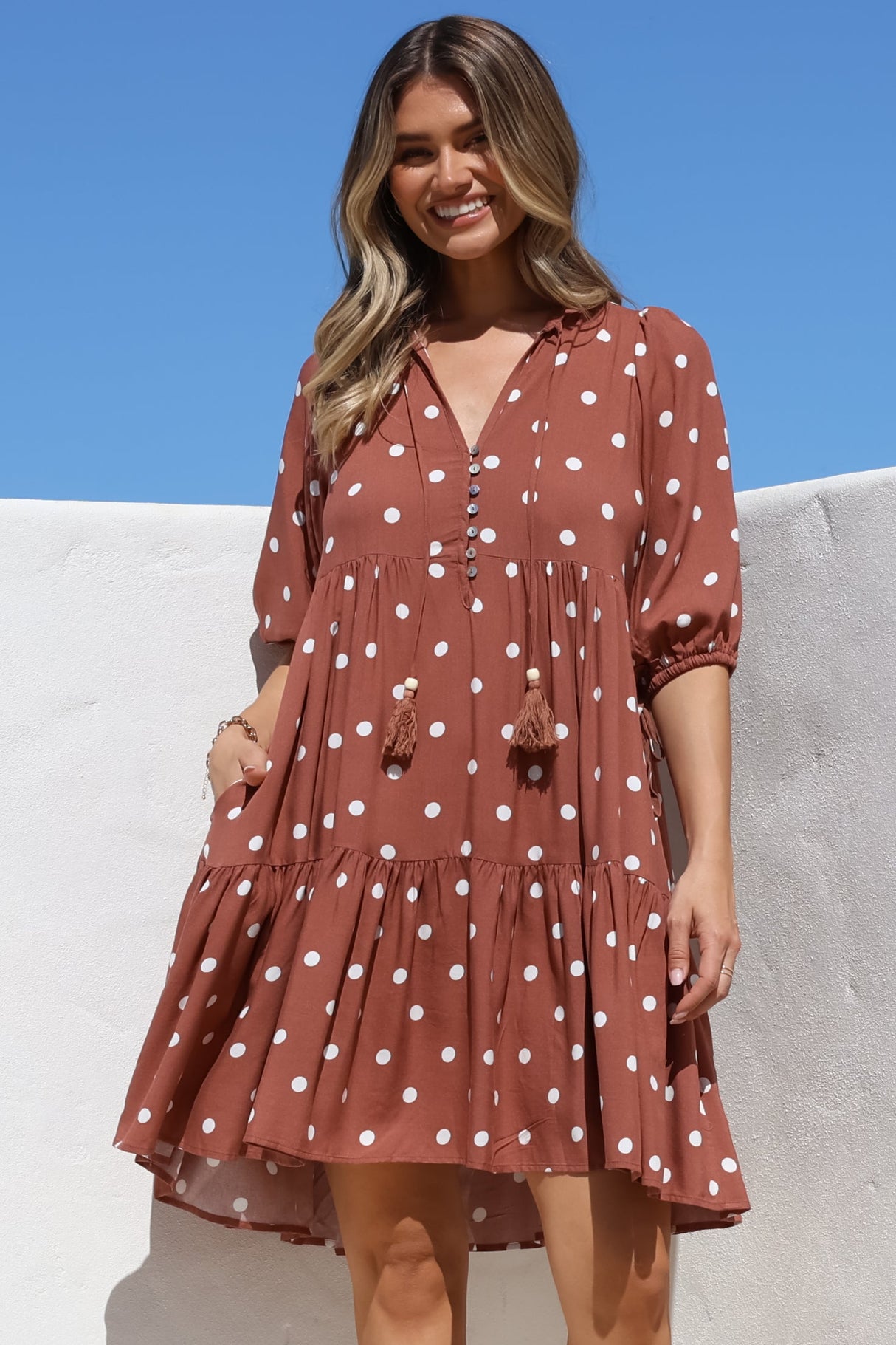 Marah Mini Dress - Mandarin Collar Short Sleeve with Tie Smock Dress in Parisian Polka Rust