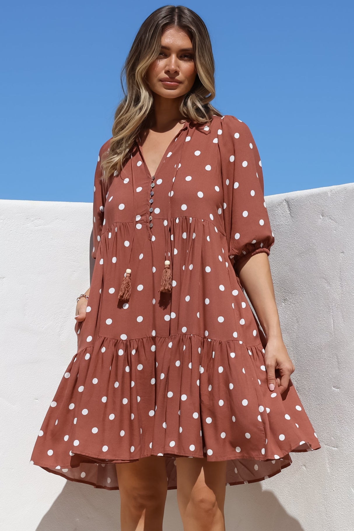 Marah Mini Dress - Mandarin Collar Short Sleeve with Tie Smock Dress in Parisian Polka Rust