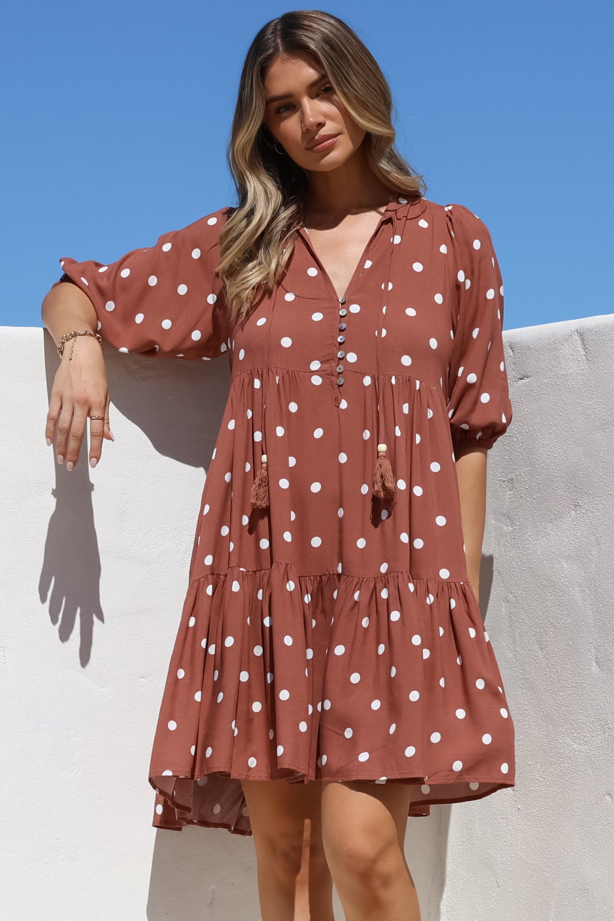 Marah Mini Dress - Mandarin Collar Short Sleeve with Tie Smock Dress in Parisian Polka Rust