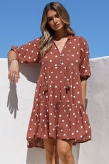 Marah Mini Dress - Mandarin Collar Short Sleeve with Tie Smock Dress in Parisian Polka Rust