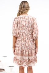 Marah Mini Dress - Mandarin Collar Short Sleeve with Tie Smock Dress in Rosette Print Beige