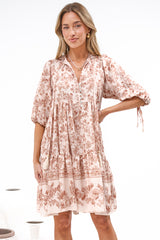 Marah Mini Dress - Mandarin Collar Short Sleeve with Tie Smock Dress in Rosette Print Beige