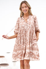 Marah Mini Dress - Mandarin Collar Short Sleeve with Tie Smock Dress in Rosette Print Beige