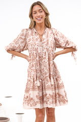 Marah Mini Dress - Mandarin Collar Short Sleeve with Tie Smock Dress in Rosette Print Beige
