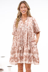 Marah Mini Dress - Mandarin Collar Short Sleeve with Tie Smock Dress in Rosette Print Beige