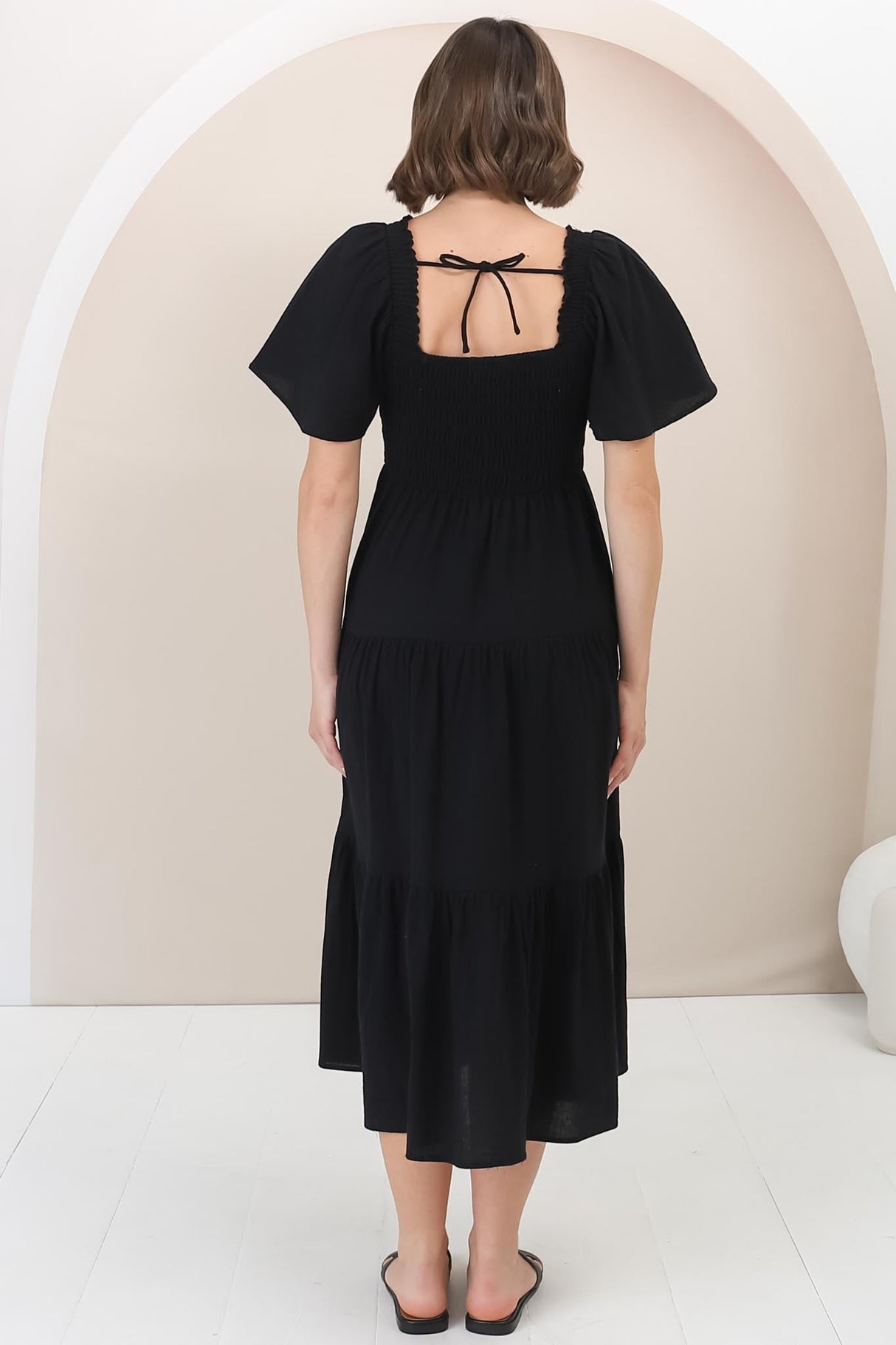 Maraya Midi Dress - Cape Sleeve Elasticated Bodice A-Line Dress in Black