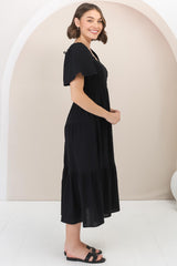 Maraya Midi Dress - Cape Sleeve Elasticated Bodice A-Line Dress in Black