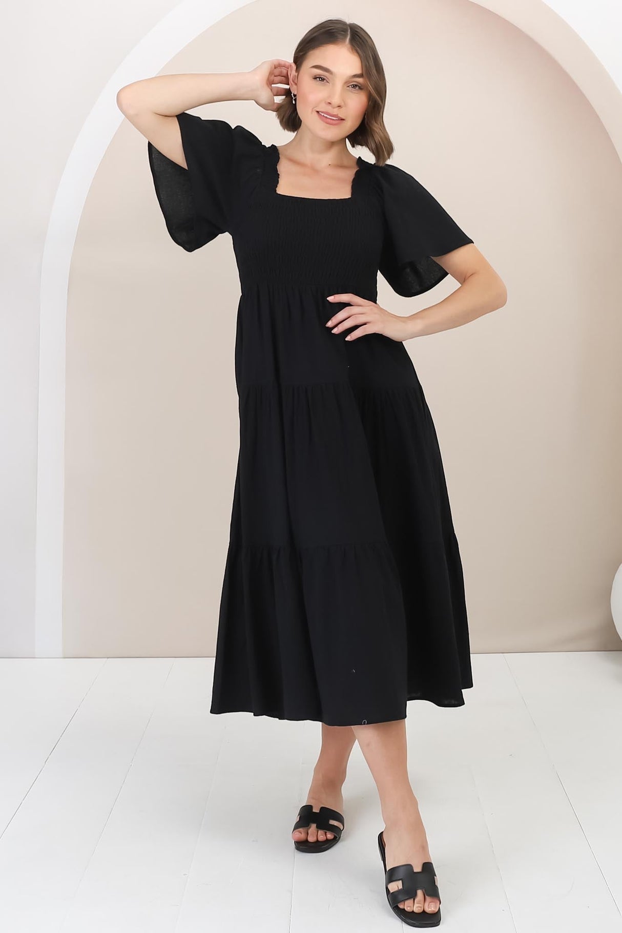 Maraya Midi Dress - Cape Sleeve Elasticated Bodice A-Line Dress in Black