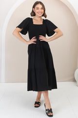 Maraya Midi Dress - Cape Sleeve Elasticated Bodice A-Line Dress in Black