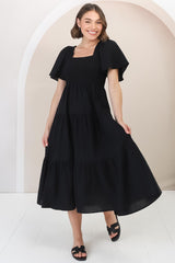 Maraya Midi Dress - Cape Sleeve Elasticated Bodice A-Line Dress in Black