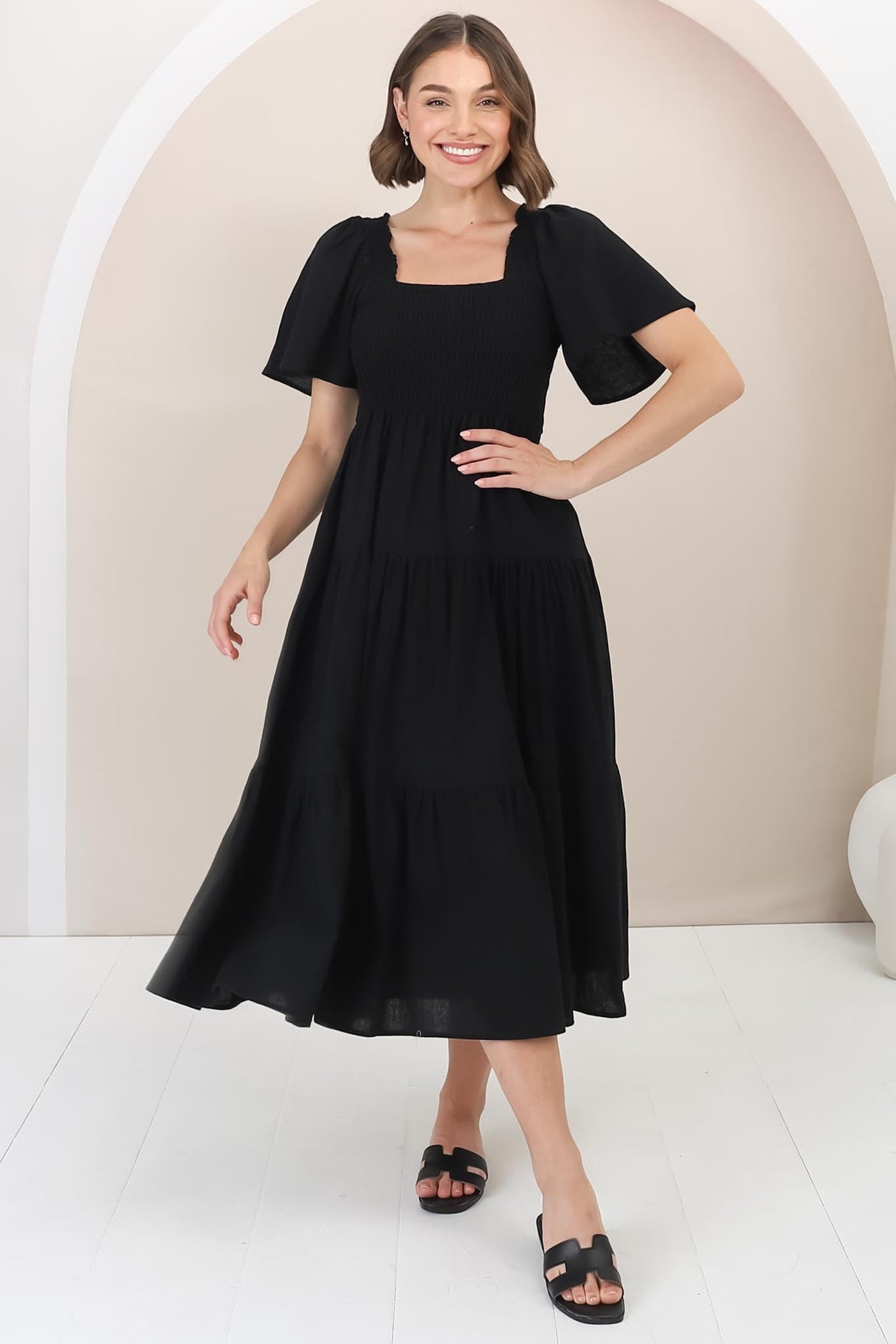 Maraya Midi Dress - Cape Sleeve Elasticated Bodice A-Line Dress in Black