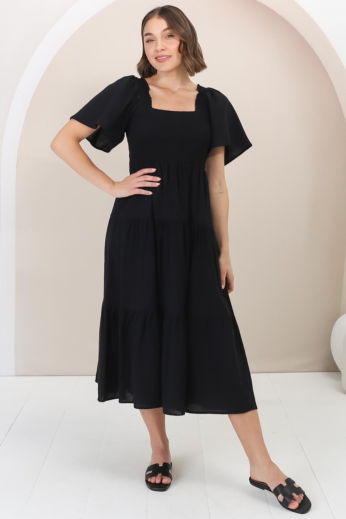 Maraya Midi Dress - Cape Sleeve Elasticated Bodice A-Line Dress in Black