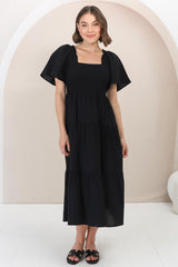 Maraya Midi Dress - Cape Sleeve Elasticated Bodice A-Line Dress in Black