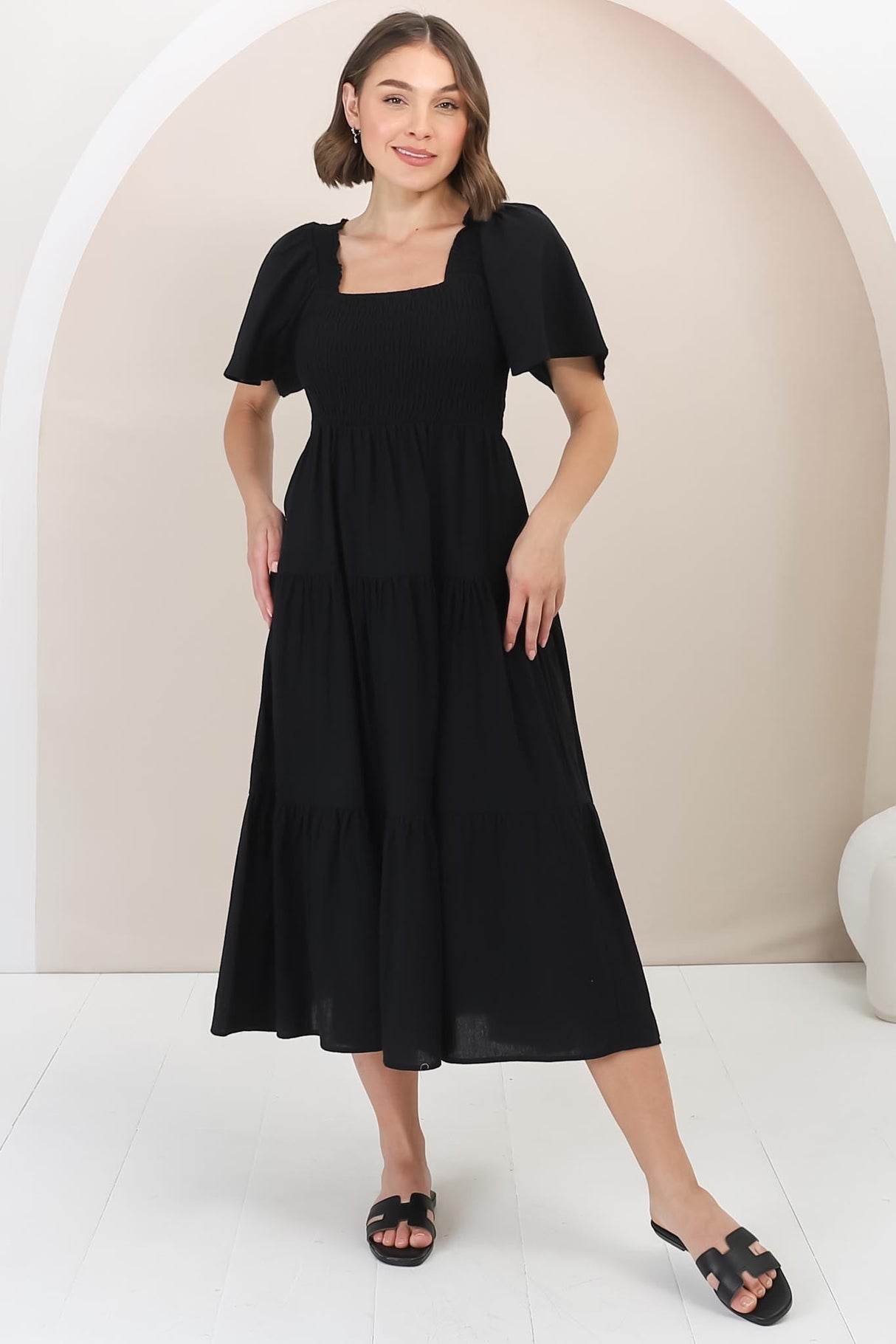 Maraya Midi Dress - Cape Sleeve Elasticated Bodice A-Line Dress in Black