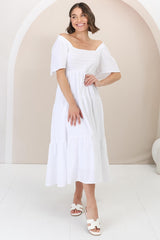 Maraya Midi Dress - Cape Sleeve Elasticated Bodice A-Line Dress in White