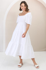 Maraya Midi Dress - Cape Sleeve Elasticated Bodice A-Line Dress in White