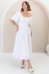 Maraya Midi Dress - Cape Sleeve Elasticated Bodice A-Line Dress in White