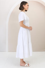 Maraya Midi Dress - Cape Sleeve Elasticated Bodice A-Line Dress in White