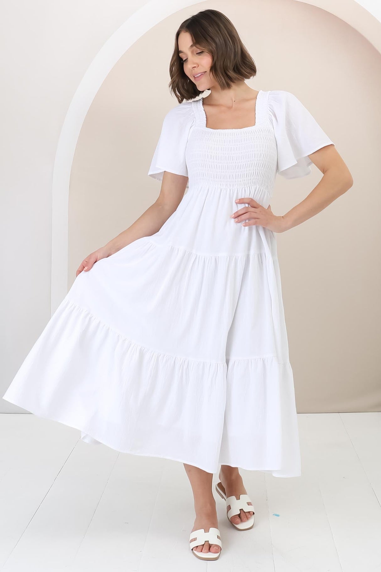 Maraya Midi Dress - Cape Sleeve Elasticated Bodice A-Line Dress in White