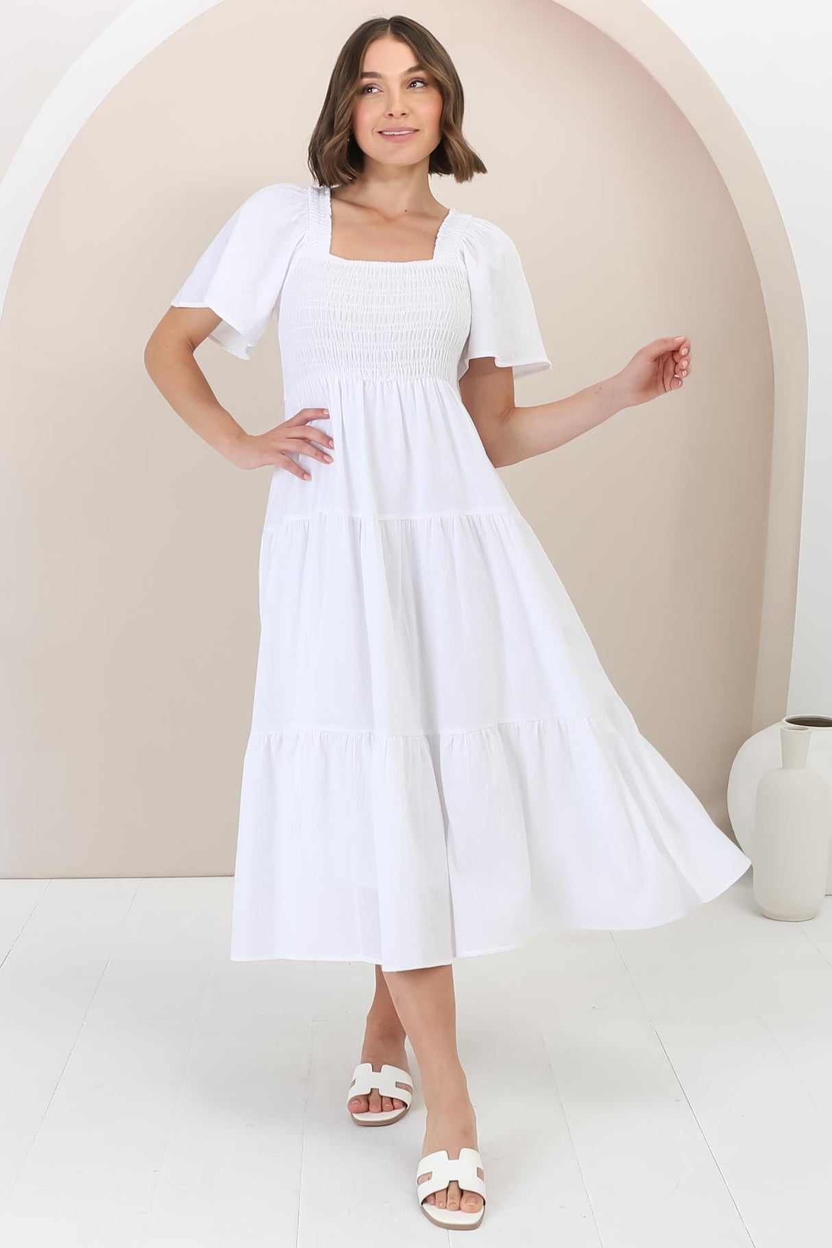 Maraya Midi Dress - Cape Sleeve Elasticated Bodice A-Line Dress in White