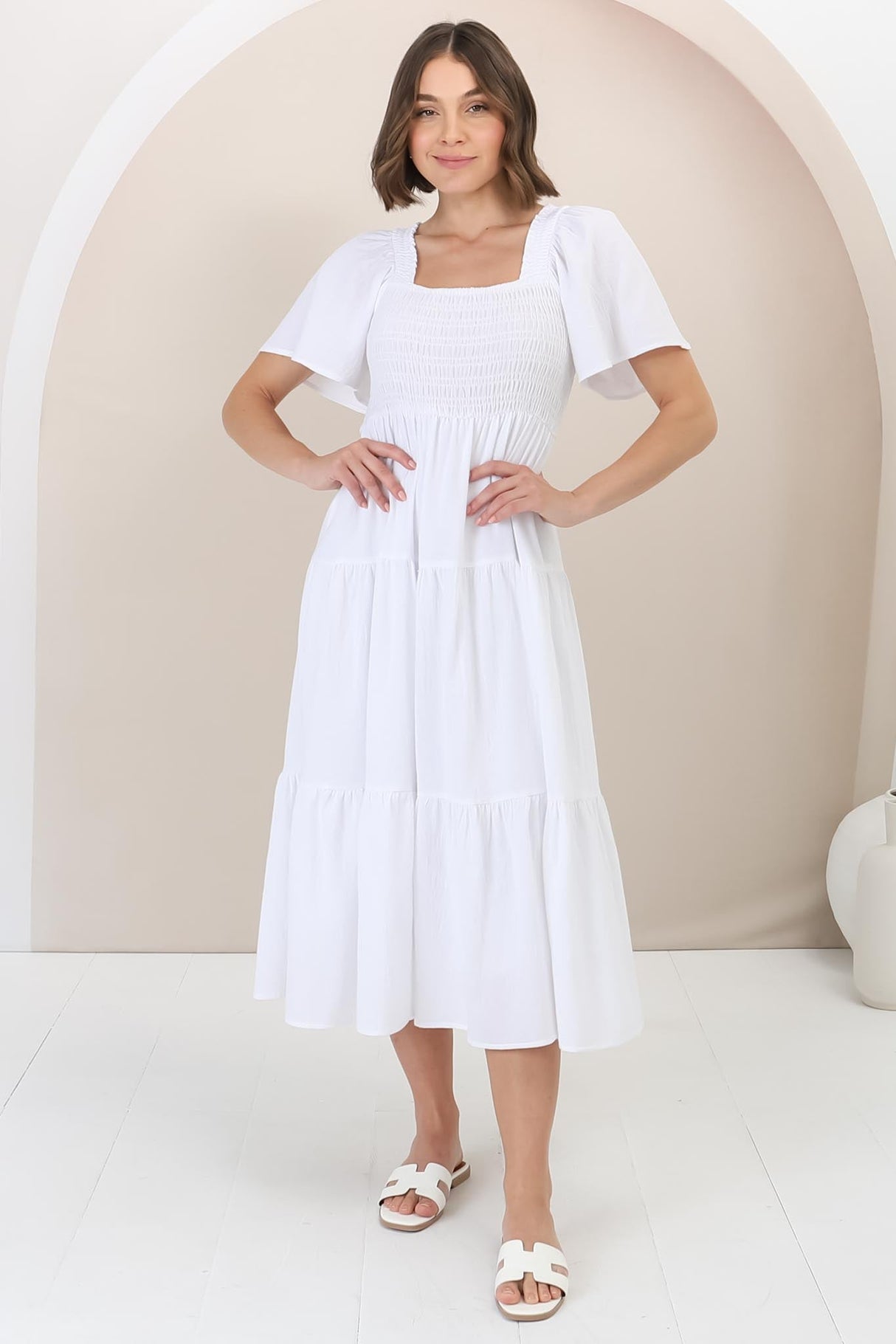 Maraya Midi Dress - Cape Sleeve Elasticated Bodice A-Line Dress in White