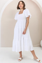 Maraya Midi Dress - Cape Sleeve Elasticated Bodice A-Line Dress in White