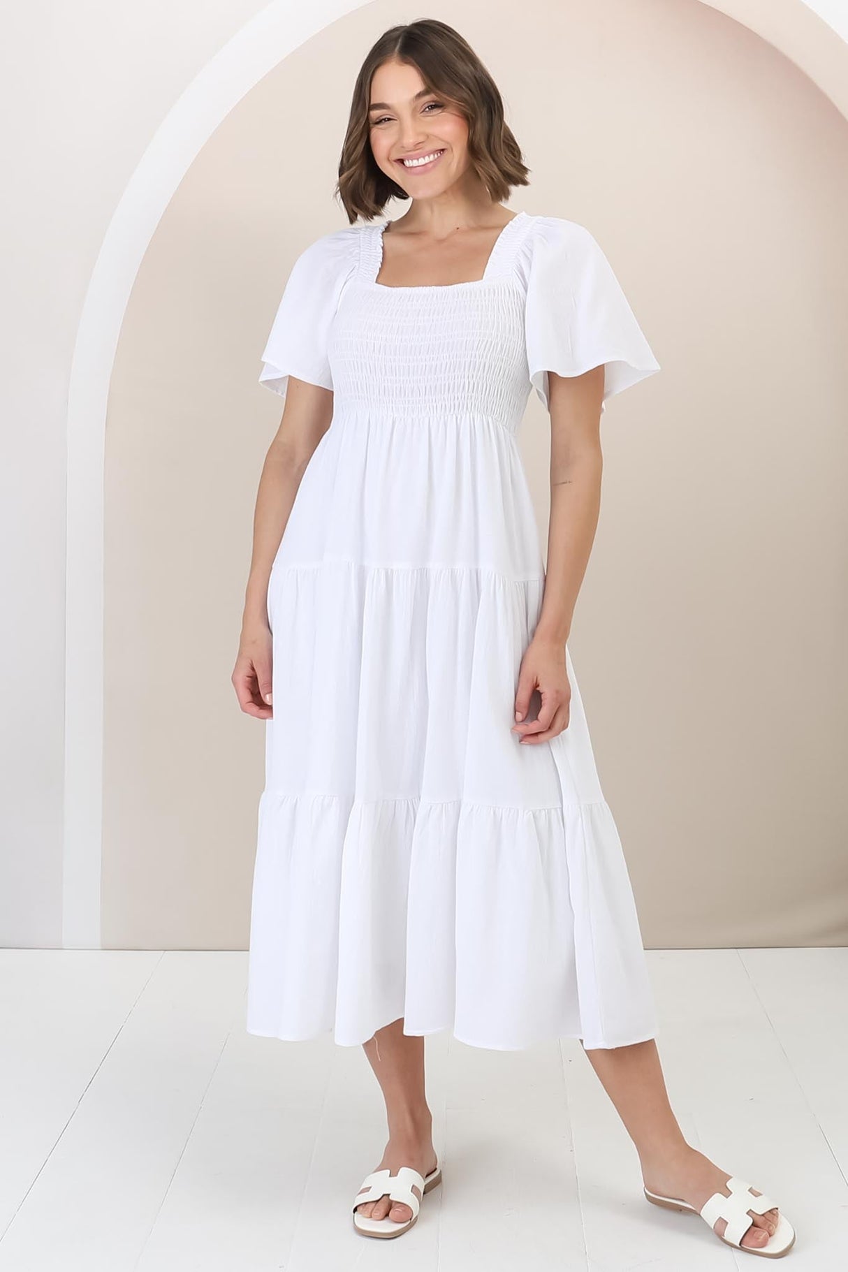 Maraya Midi Dress - Cape Sleeve Elasticated Bodice A-Line Dress in White