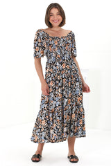 Maraya Midi Dress - Cape Sleeve Elasticated Bodice A-Line Dress in Beliza Print