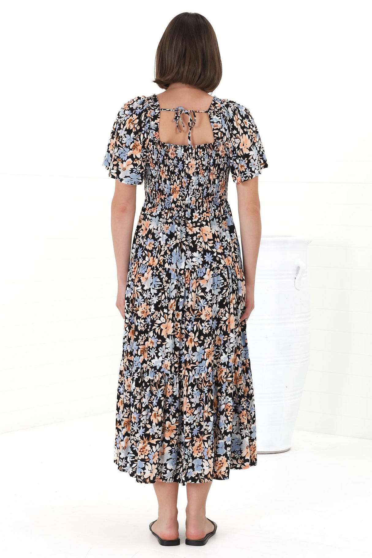 Maraya Midi Dress - Cape Sleeve Elasticated Bodice A-Line Dress in Beliza Print