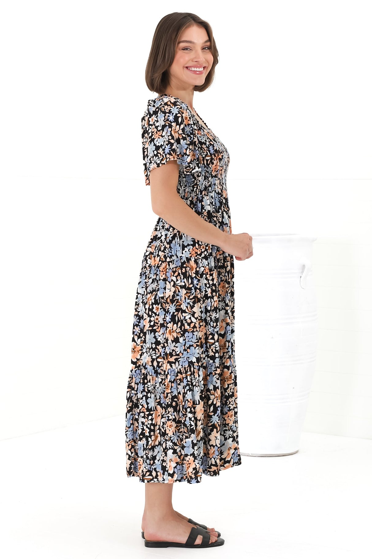 Maraya Midi Dress - Cape Sleeve Elasticated Bodice A-Line Dress in Beliza Print