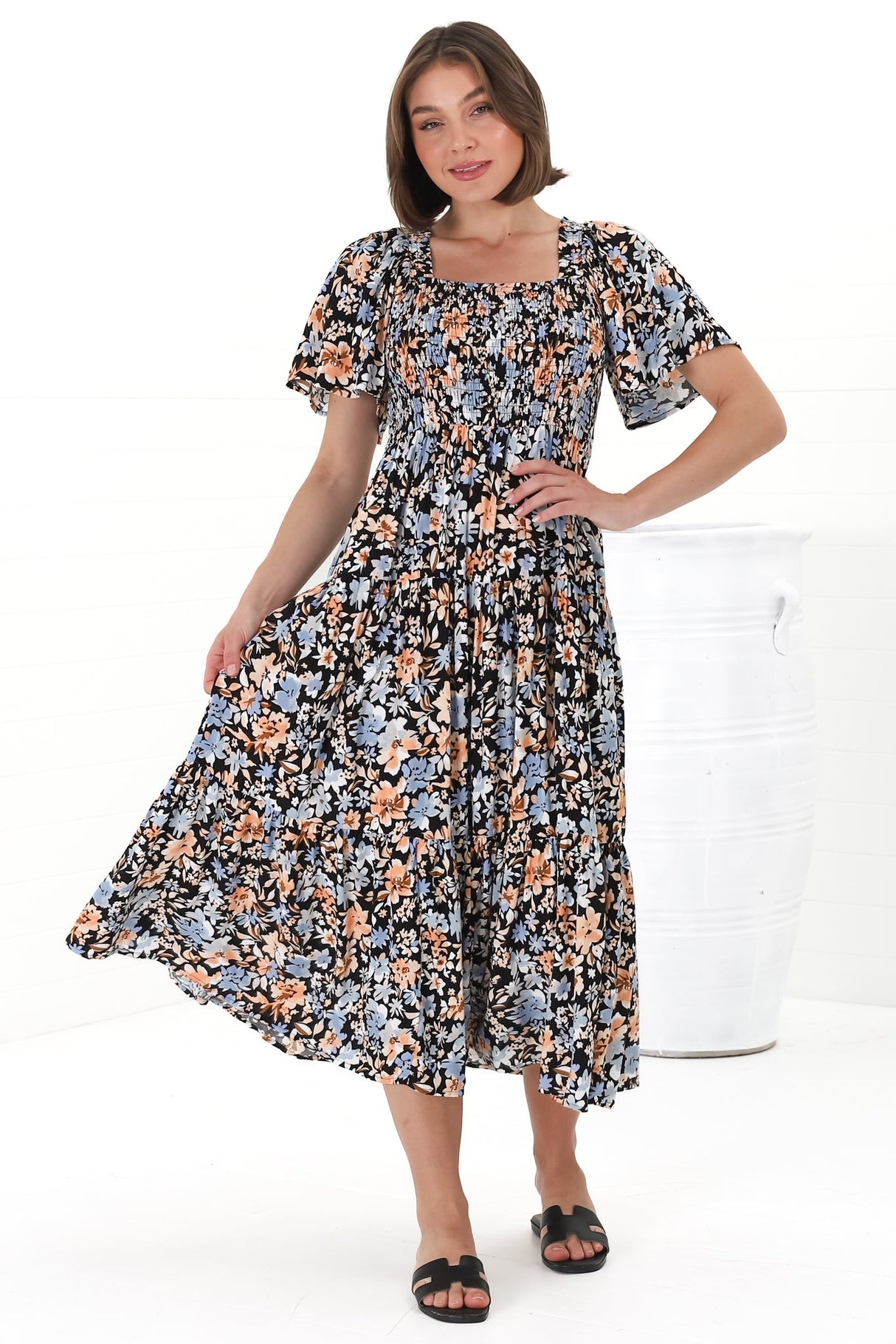 Maraya Midi Dress - Cape Sleeve Elasticated Bodice A-Line Dress in Beliza Print